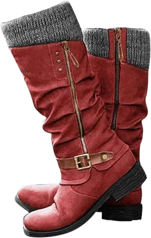 Boots For Women Wide Calf Winter Mid Calf Military Combat Boots Side Zipper Low Heel Biker Motorcycle Riding Dress Boots