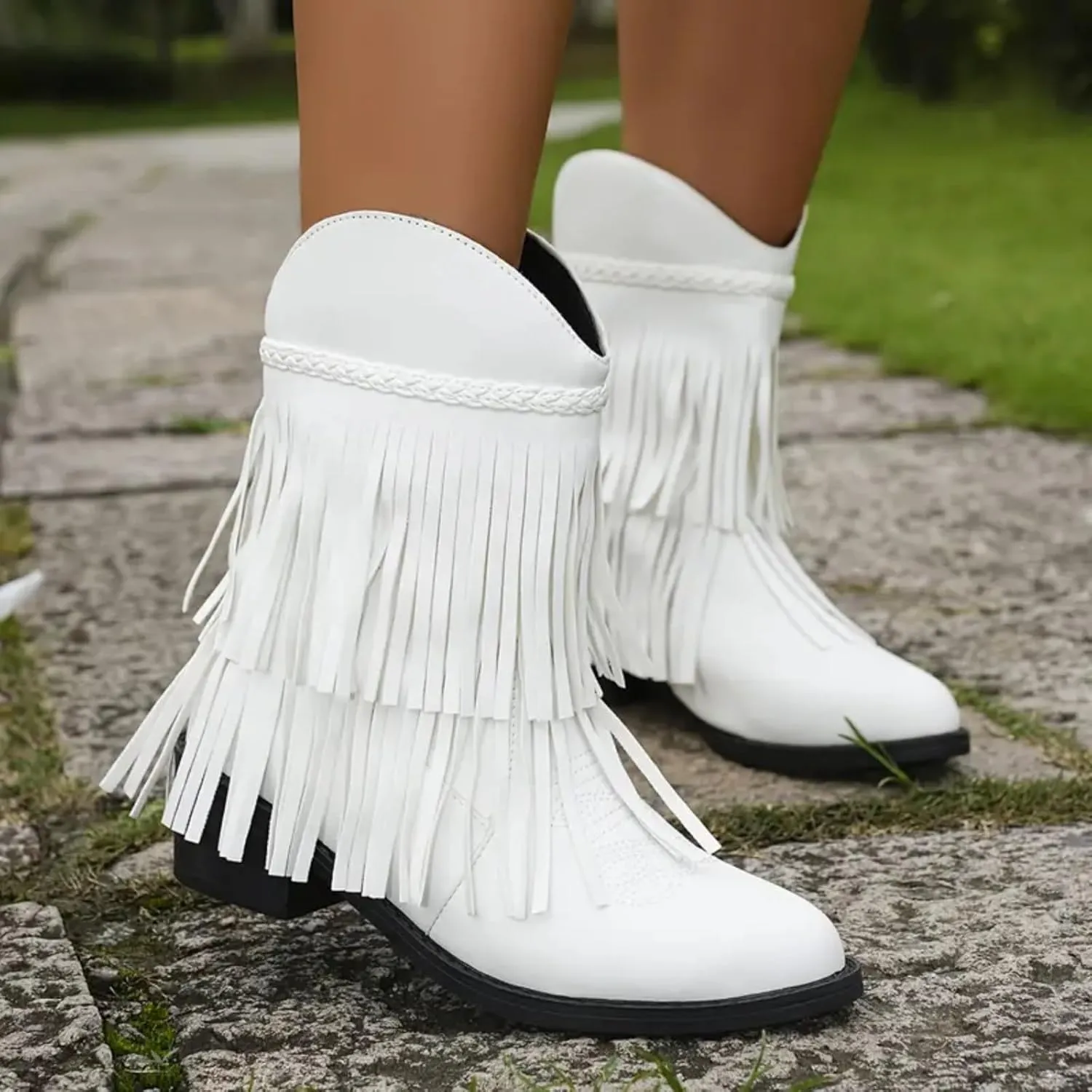 Cowboy Boots for Women Winter Boots Big Size V Mouth Tassel Boots Fall And Winter Pointed Head Thick With Short Boots