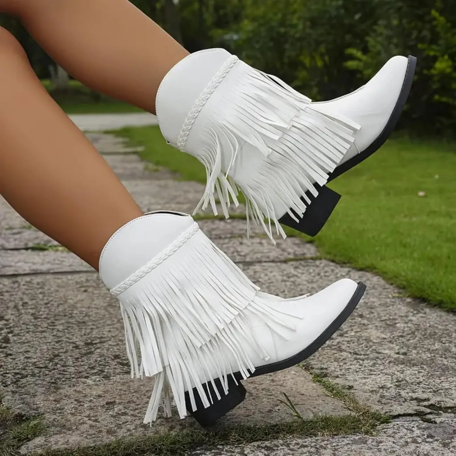 Cowboy Boots for Women Winter Boots Big Size V Mouth Tassel Boots Fall And Winter Pointed Head Thick With Short Boots