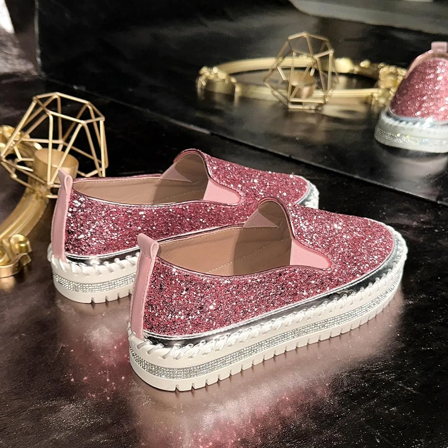 Glitter Platform Sneakers Women Slip On Shoe Fashion Bling Tennis Shoes Dressy Sneakers Sequin Rhinestone Shoes