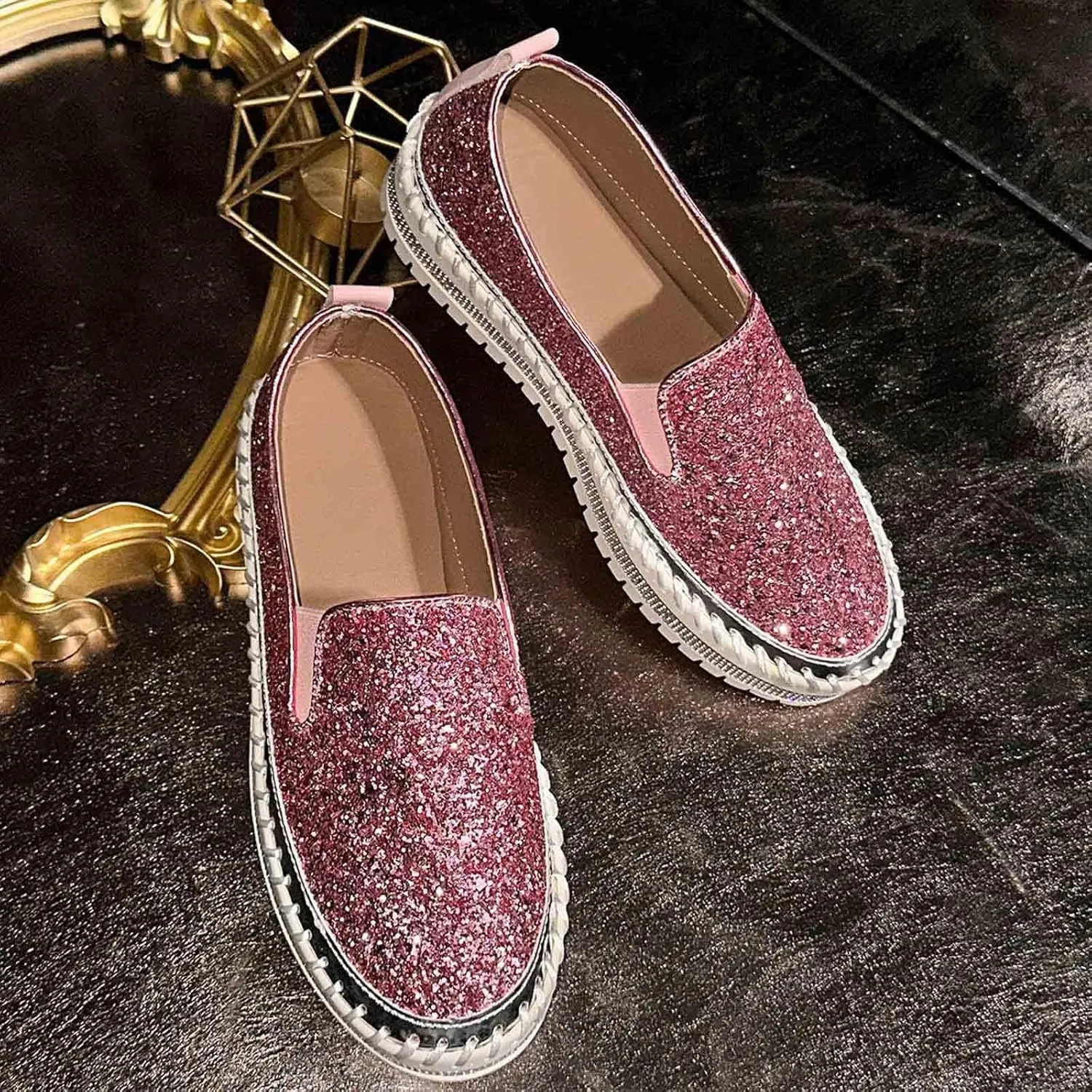 Glitter Platform Sneakers Women Slip On Shoe Fashion Bling Tennis Shoes Dressy Sneakers Sequin Rhinestone Shoes