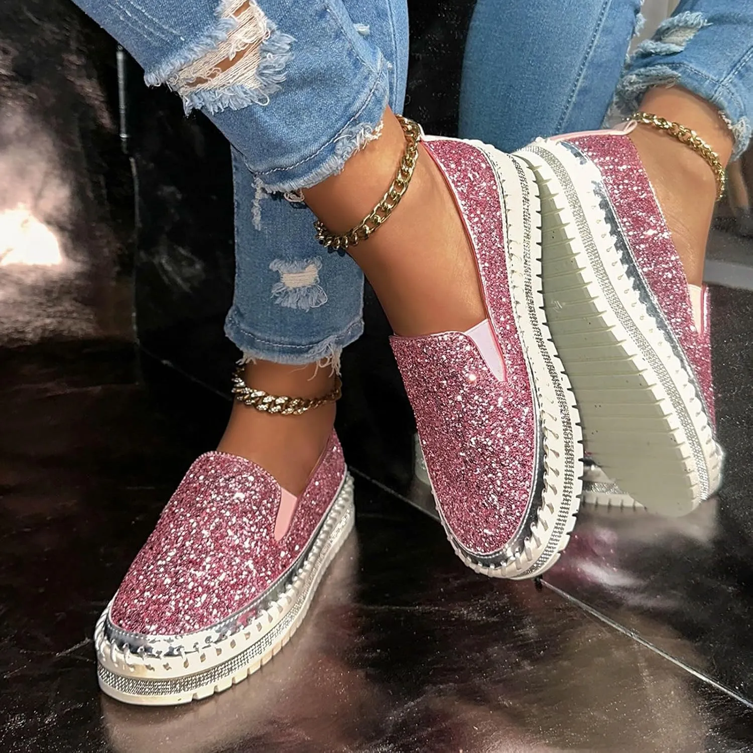 Glitter Platform Sneakers Women Slip On Shoe Fashion Bling Tennis Shoes Dressy Sneakers Sequin Rhinestone Shoes