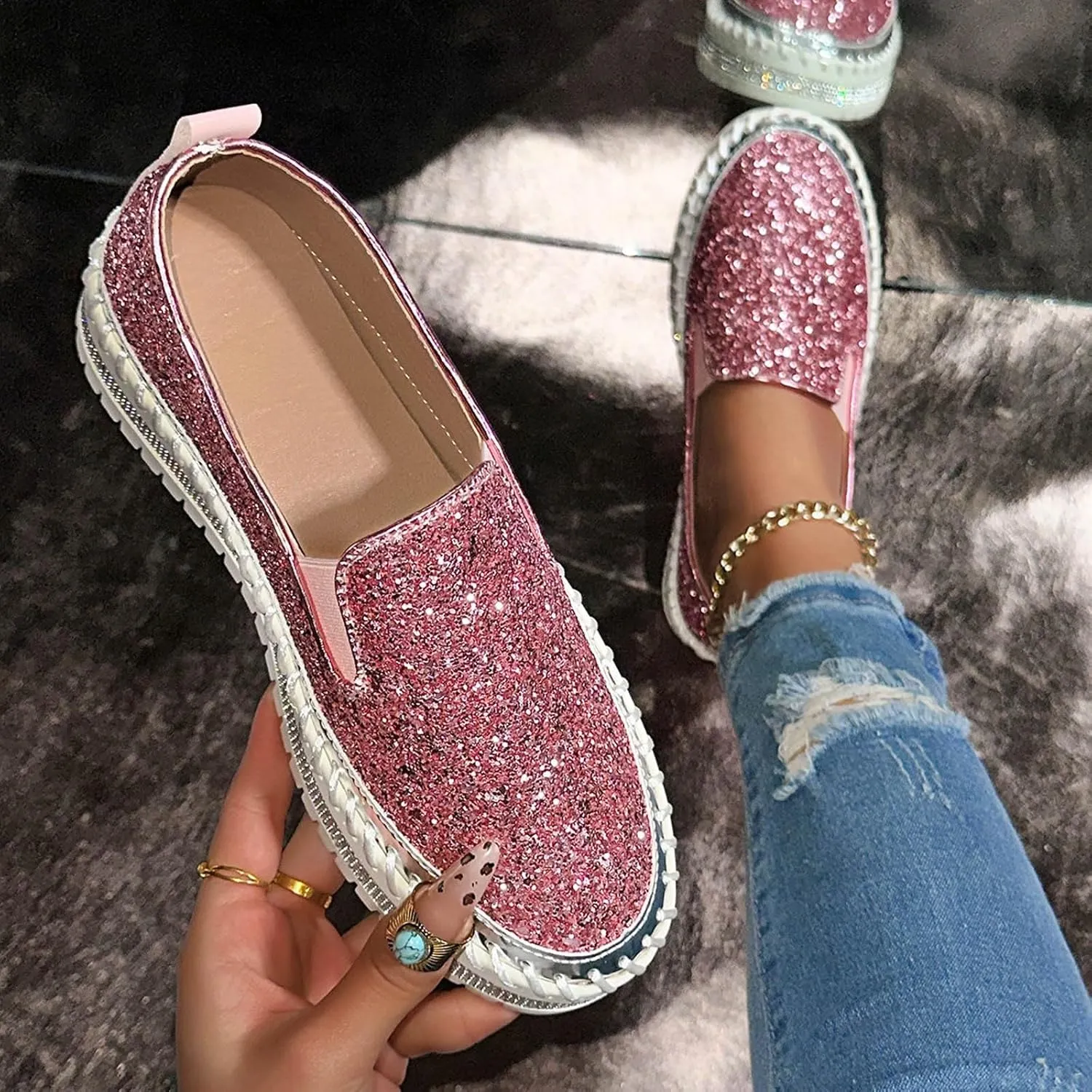 Glitter Platform Sneakers Women Slip On Shoe Fashion Bling Tennis Shoes Dressy Sneakers Sequin Rhinestone Shoes