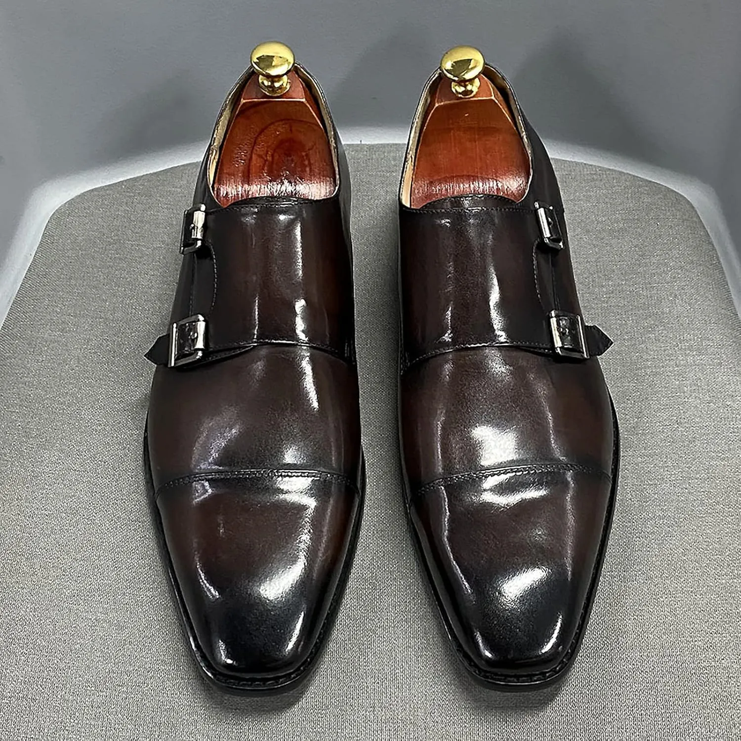 Men Wedding Dress Loafers Leather Brogues Slip On Moccasins Double Buckle Monk Shoe Office Formal Shoes,Yellow-44
