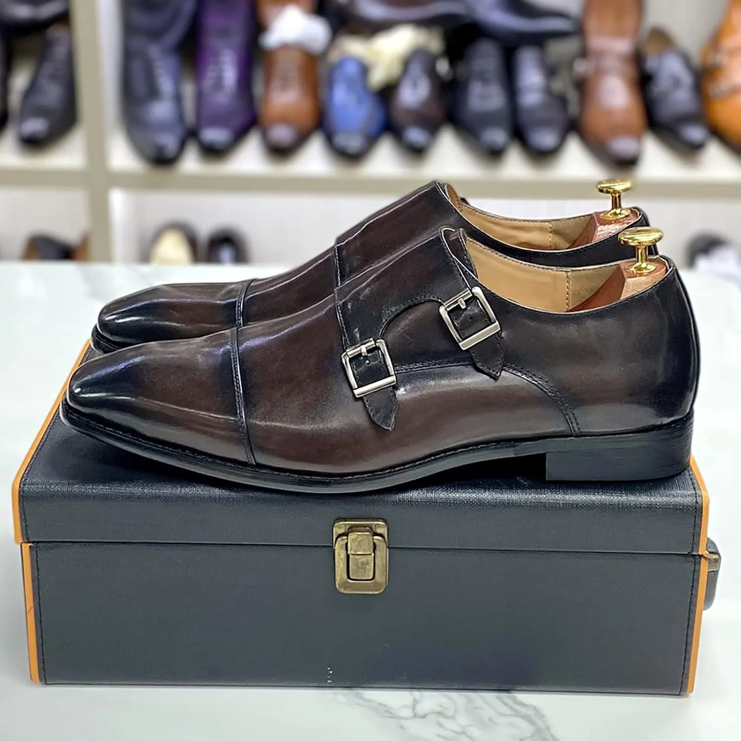 Men Wedding Dress Loafers Leather Brogues Slip On Moccasins Double Buckle Monk Shoe Office Formal Shoes,Yellow-44