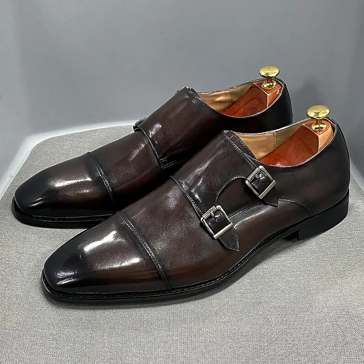 Men Wedding Dress Loafers Leather Brogues Slip On Moccasins Double Buckle Monk Shoe Office Formal Shoes,Yellow-44