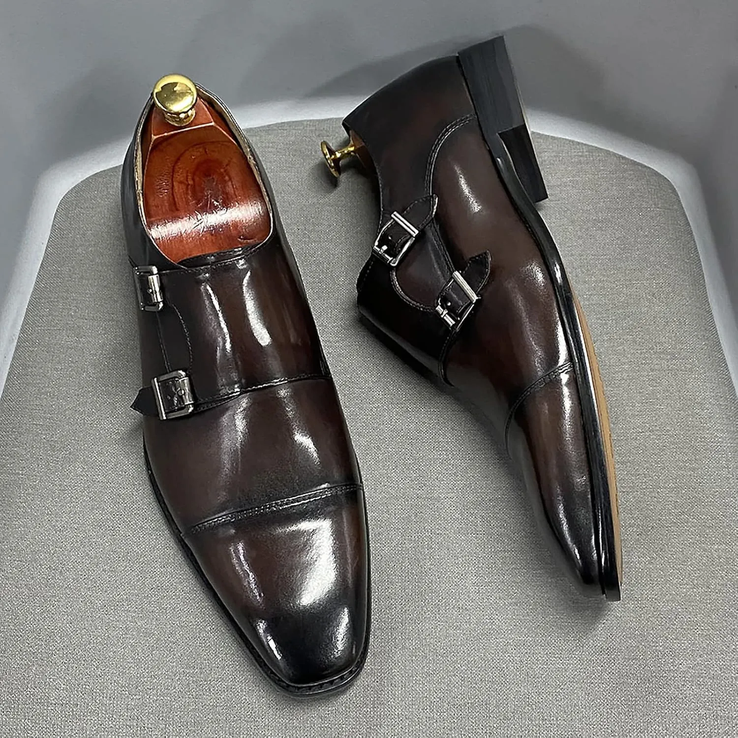 Men Wedding Dress Loafers Leather Brogues Slip On Moccasins Double Buckle Monk Shoe Office Formal Shoes,Yellow-44
