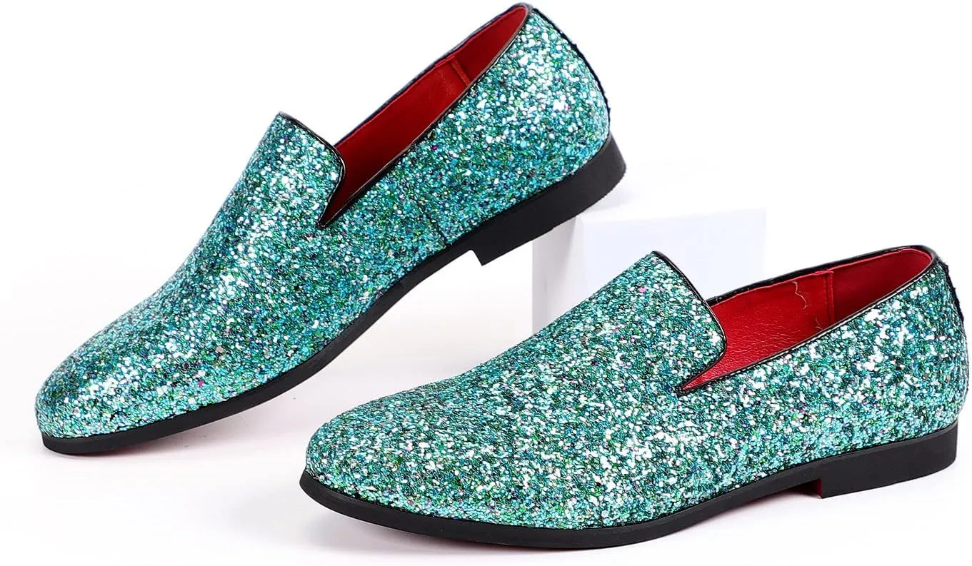 Santimon Mens Glitter Loafers Slip-On Dress Shoes  Sparkly Tuxedo & Suit Shoes for Weddings, Parties, and Formal Events