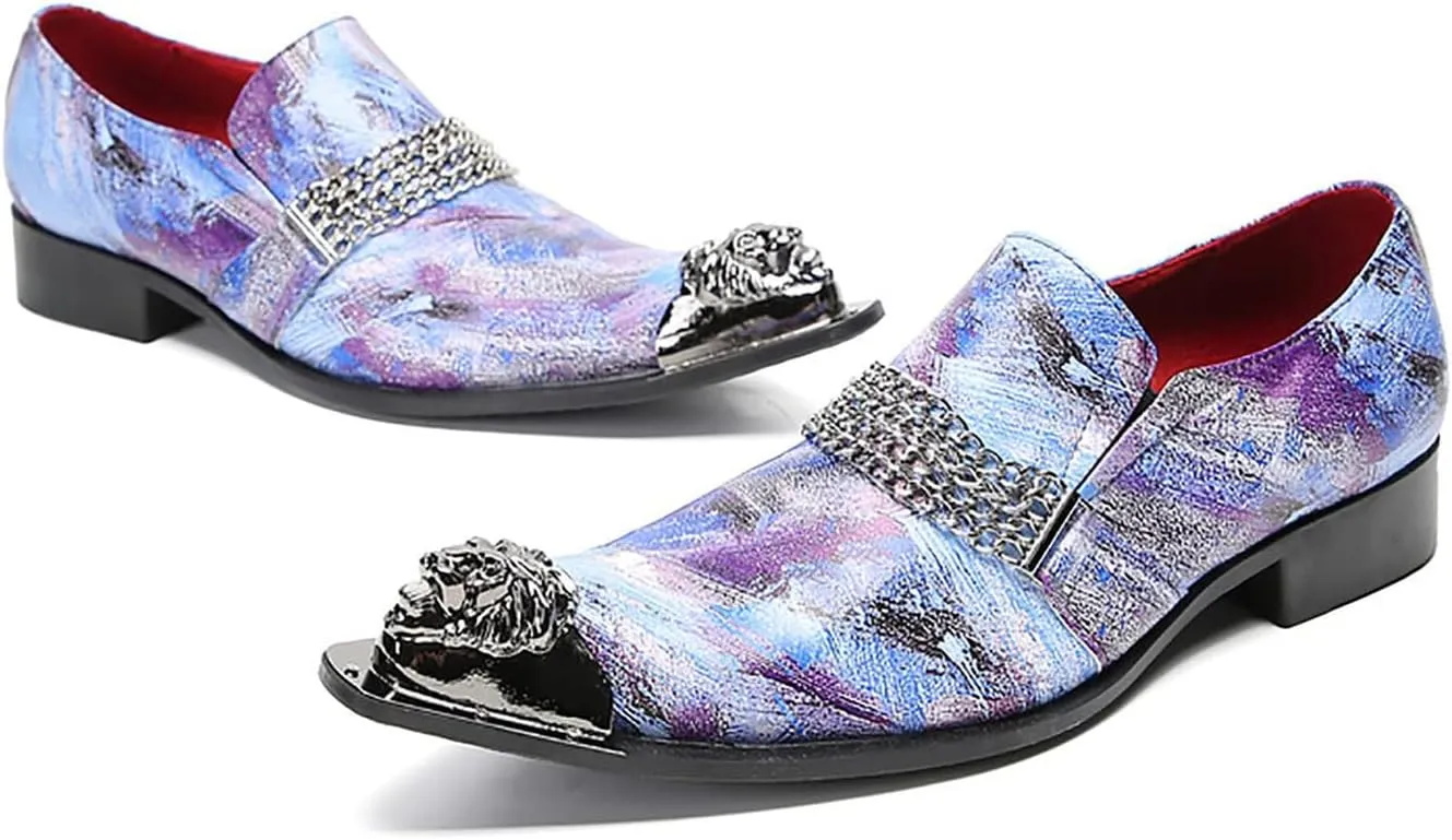Santimon Mens Loafers Wedding Dress Casual Slip On Genuine Leather Mocassinss Metal Tip Toe Chain Penny Loafers Fashion Prom Tuxedo Western Ballroom Party Disco Shoes for Mens