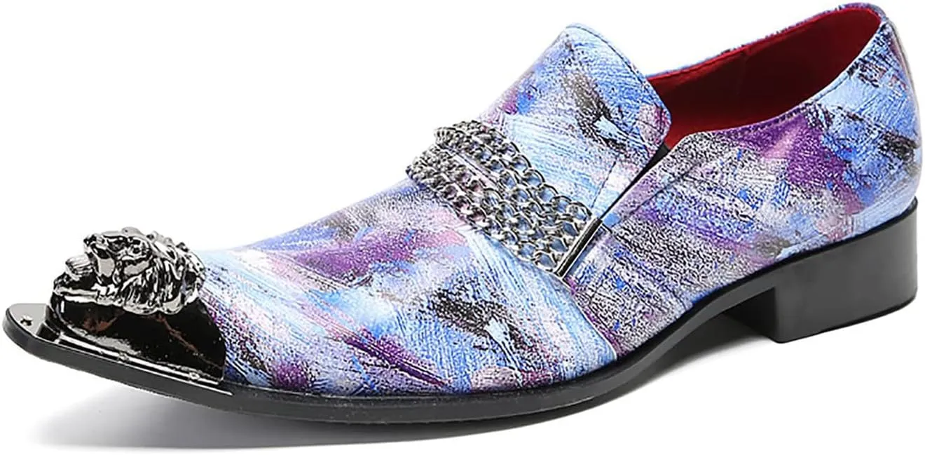 Santimon Mens Loafers Wedding Dress Casual Slip On Genuine Leather Mocassinss Metal Tip Toe Chain Penny Loafers Fashion Prom Tuxedo Western Ballroom Party Disco Shoes for Mens