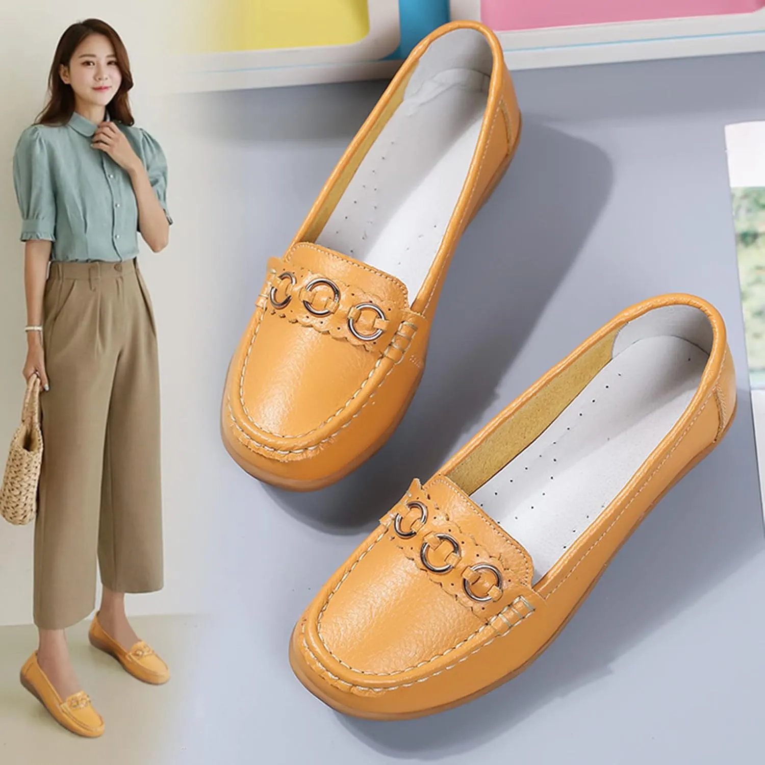 Womens Flats Comfortable Dressy Loafers Lightweight Walking Flat Slip On Work Shoes Round Toe Flats Loafers