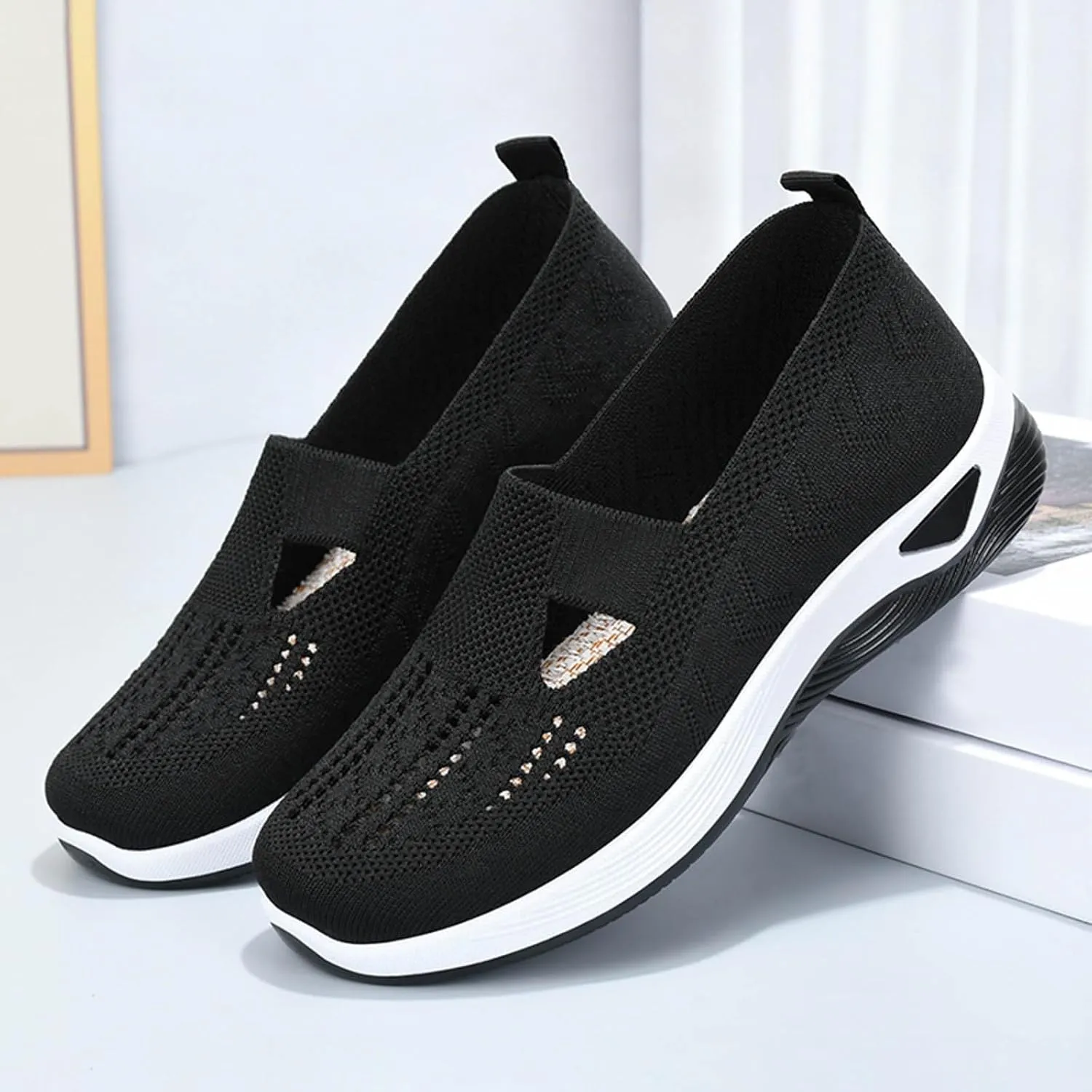 Womens Orthopedic Sneakers Breathable Slip on Walking Shoes Non-Slip Woven Shoes Mesh Comfortable Lightweight Arch Support Sneaker