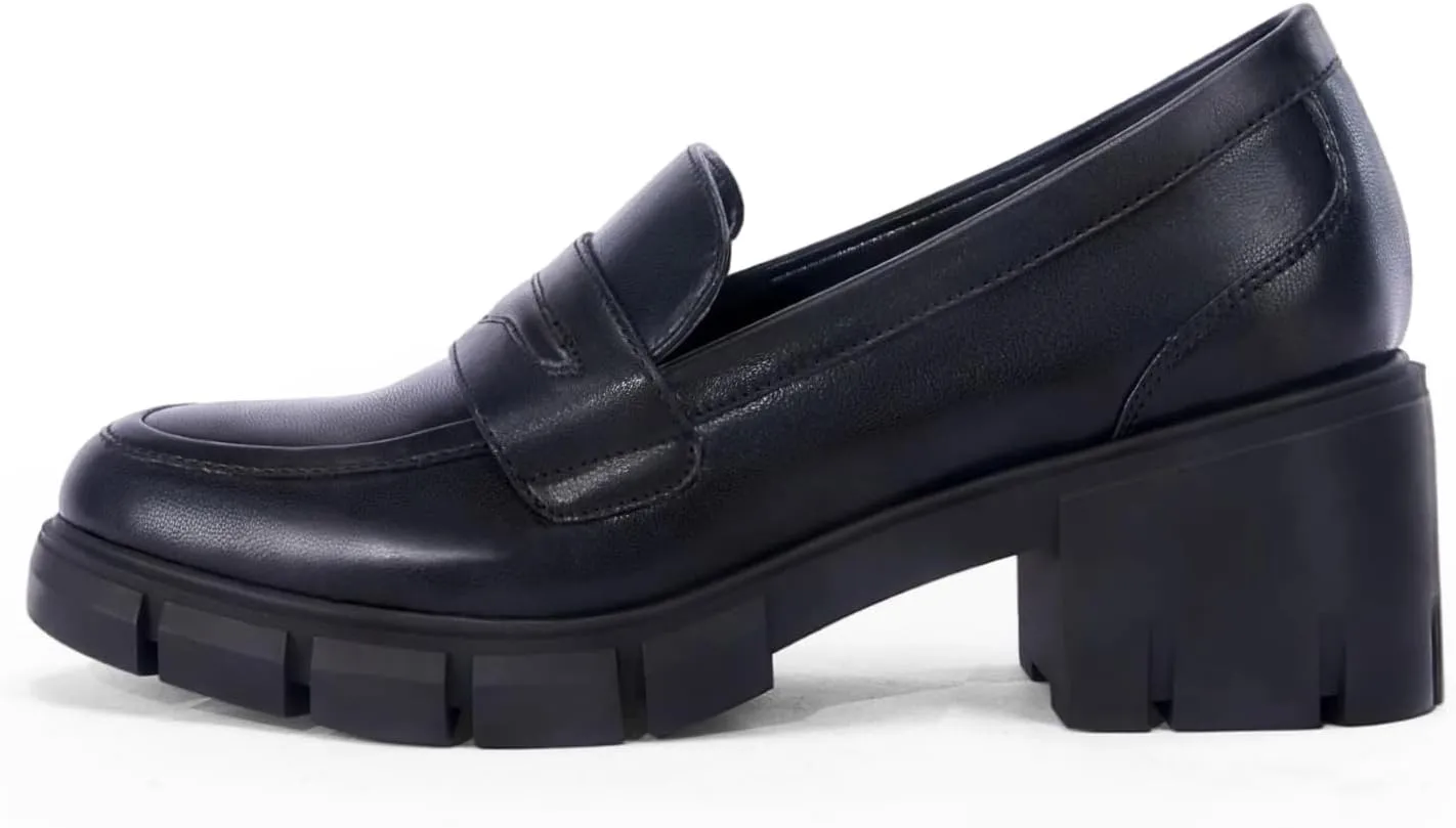 Womens Platform Loafers Chunky Heel Penny Loafer Lug Sole Slip On Round Toe Comfort Dress Work Shoes