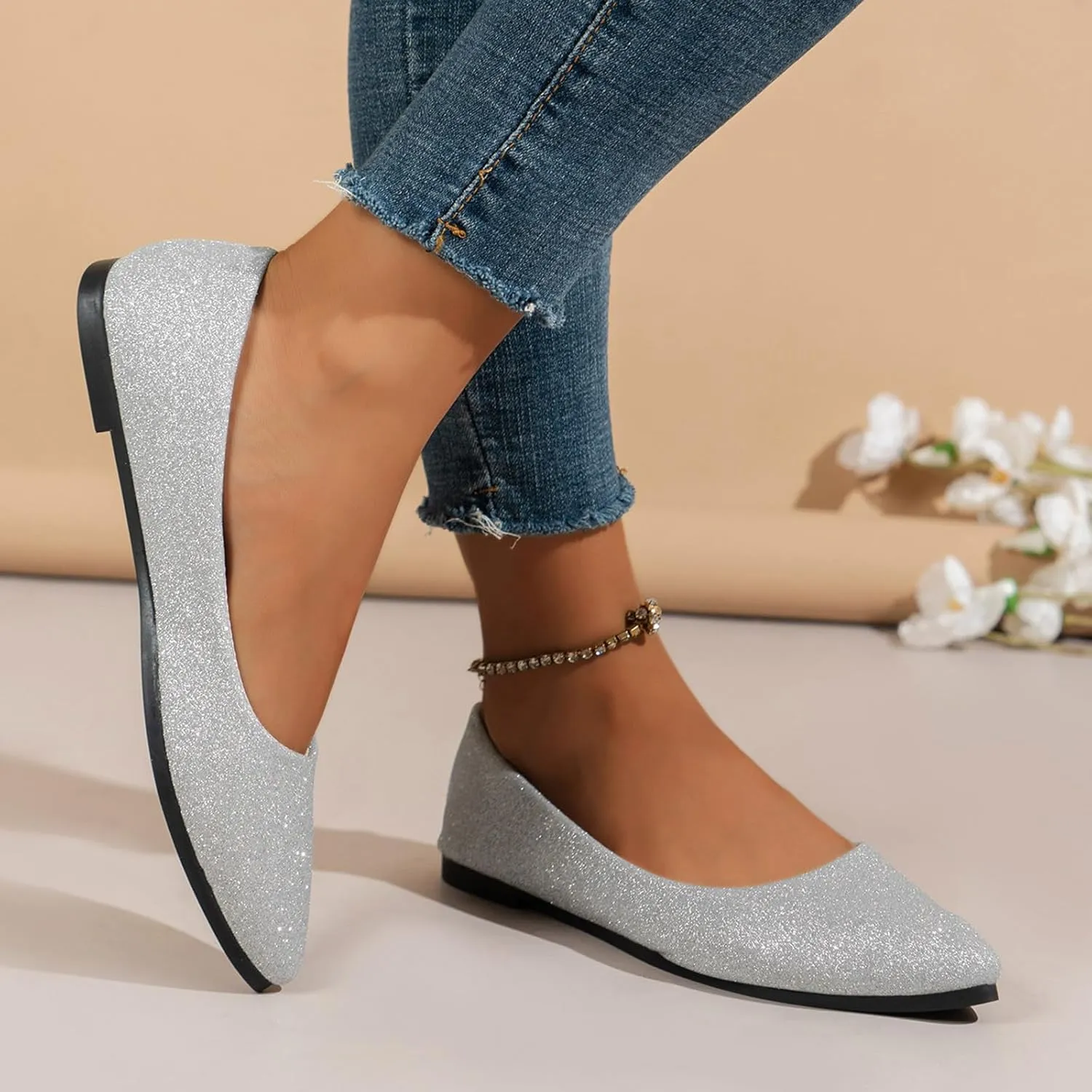 Women's Pointed Toe  Sparkly Low Top Single Shoes Slip-On Ballet  Elegant Banquet Shoes for Women T Strap