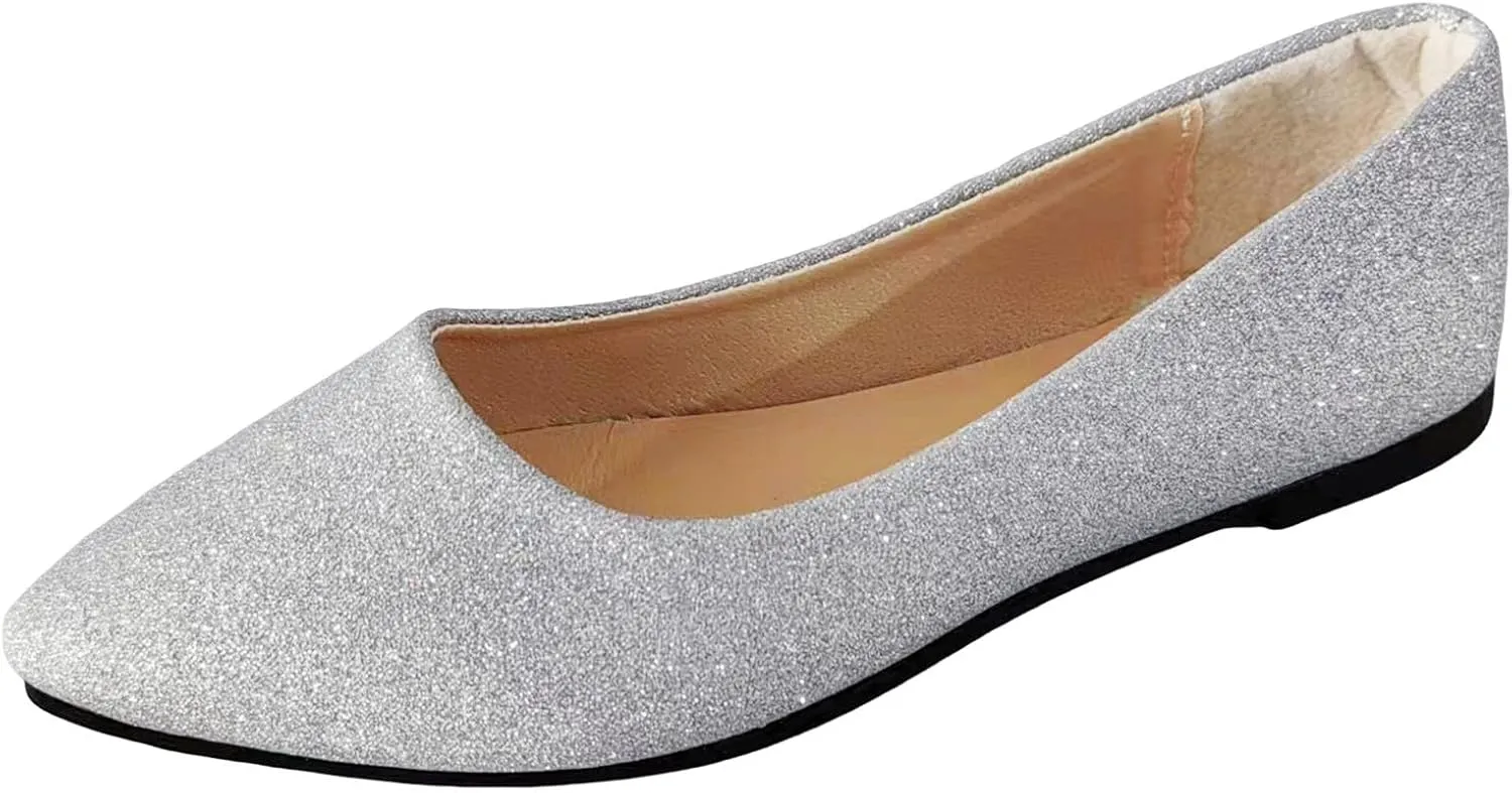 Women's Pointed Toe  Sparkly Low Top Single Shoes Slip-On Ballet  Elegant Banquet Shoes for Women T Strap