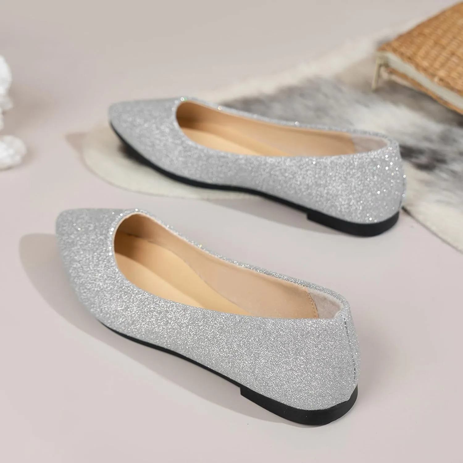 Women's Pointed Toe  Sparkly Low Top Single Shoes Slip-On Ballet  Elegant Banquet Shoes for Women T Strap