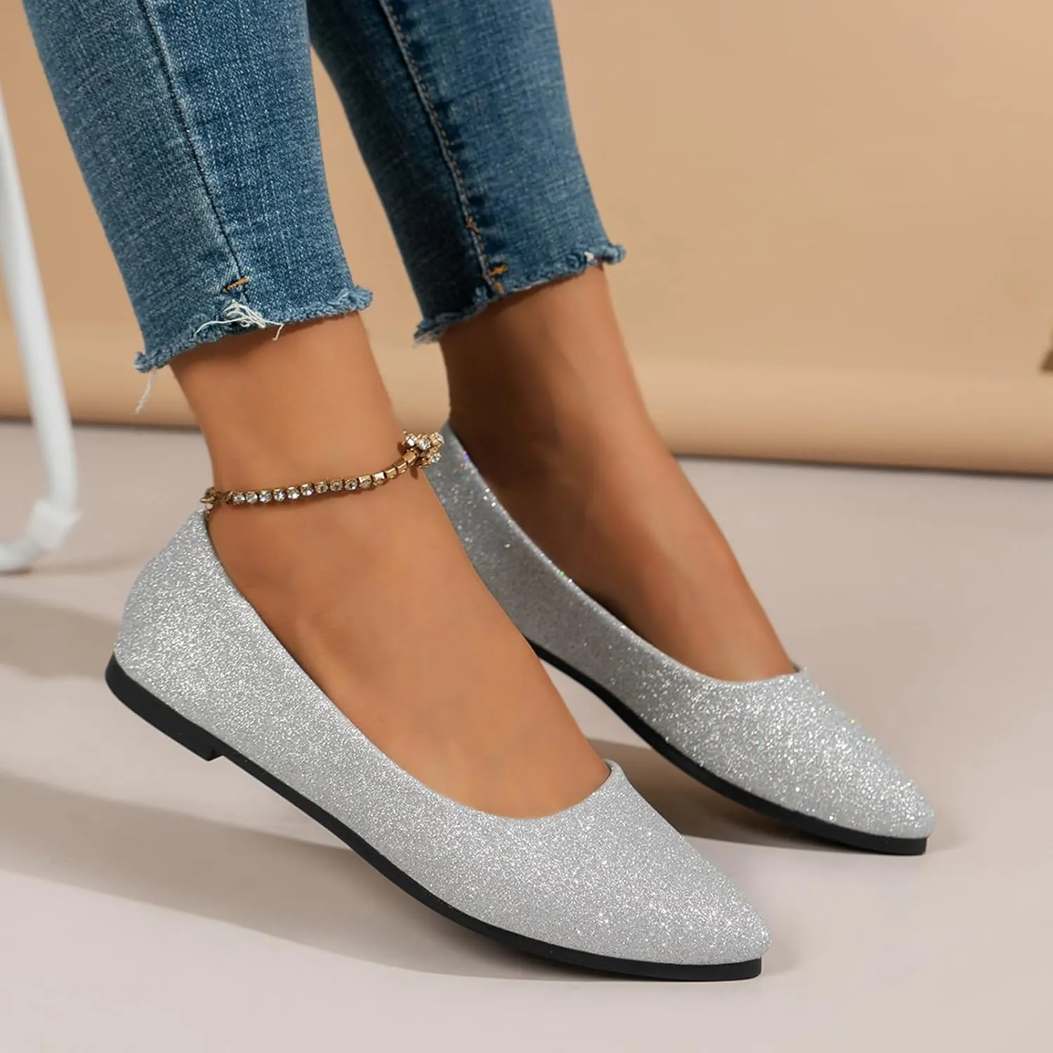 Women's Pointed Toe  Sparkly Low Top Single Shoes Slip-On Ballet  Elegant Banquet Shoes for Women T Strap