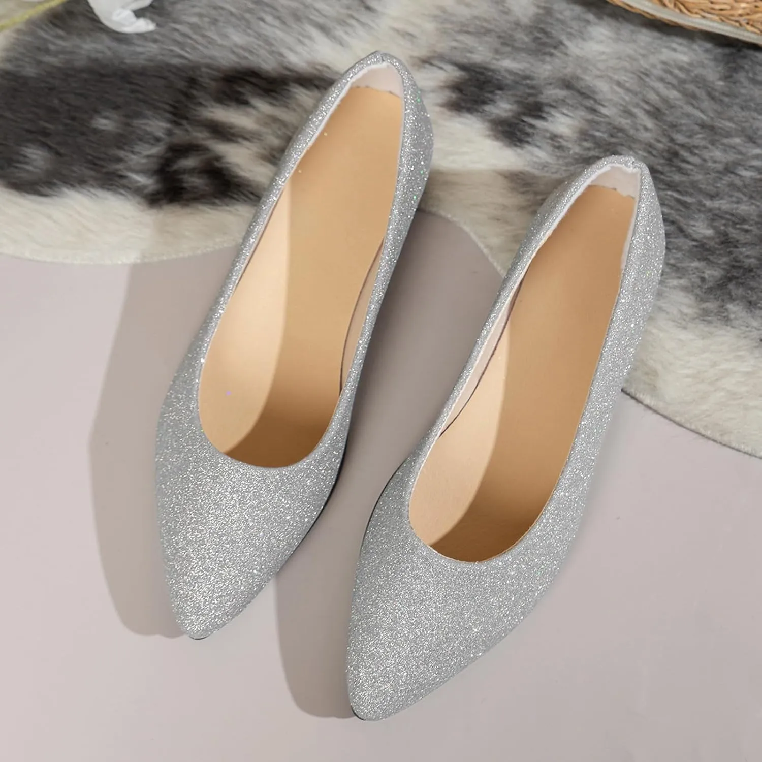 Women's Pointed Toe  Sparkly Low Top Single Shoes Slip-On Ballet  Elegant Banquet Shoes for Women T Strap